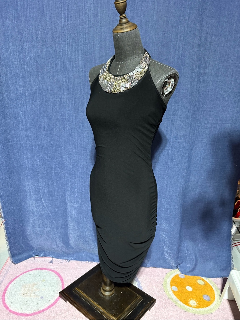 Suzy Shier Black Sleeveless Beaded Halter Midi Dress